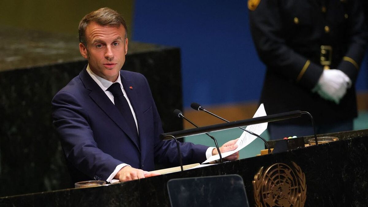 French President Emmanuel Macron speaks during the 79th Session of the United Nations General Assembly at the United Nations headquarters in New York City on September 25, 2024. (Photo by Charly TRIBALLEAU / AFP)