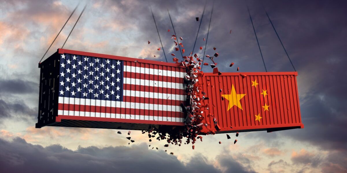 USA and China trade war. US of America and Chinese flags crashed containers on sky. 3d render