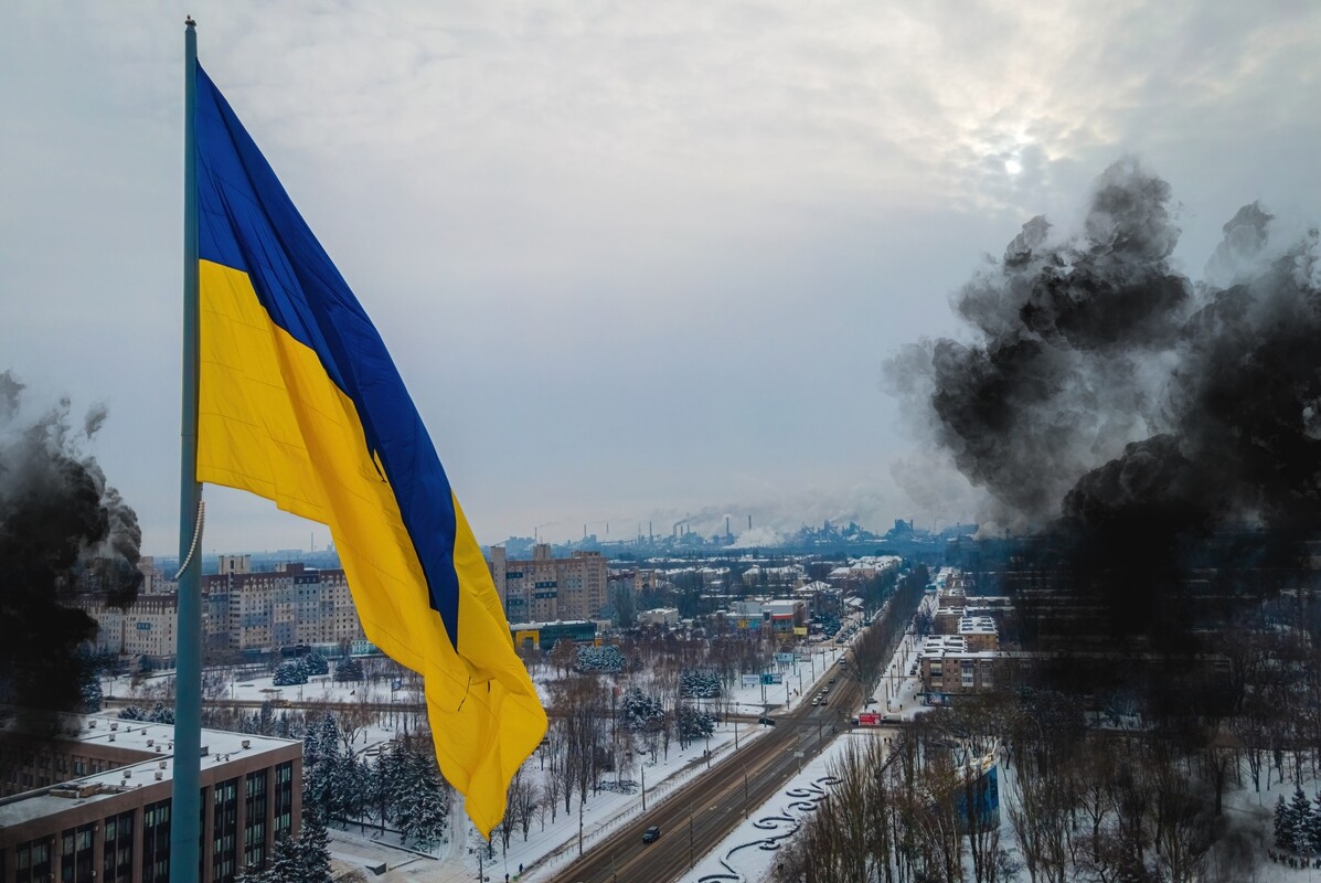 The aerial view of the Ukraine flag in winter