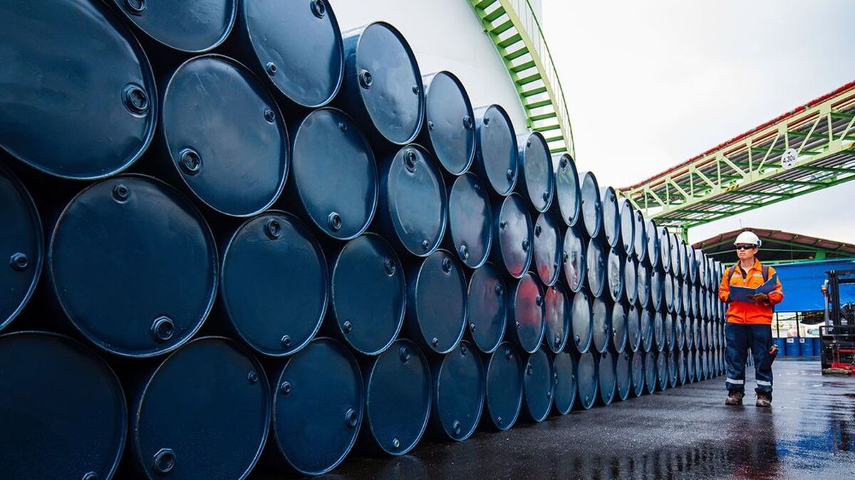 Male worker inspection record drum oil stock barrels blue horizontal or chemical for in the industry.