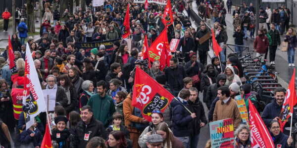 Members of French teaching unions protest during a demonstration in central Paris, France, on Thursday, Feb. 1. 2024. Teachers in France are striking over pay and conditions. Photographer: Nathan Laine/Bloomberg