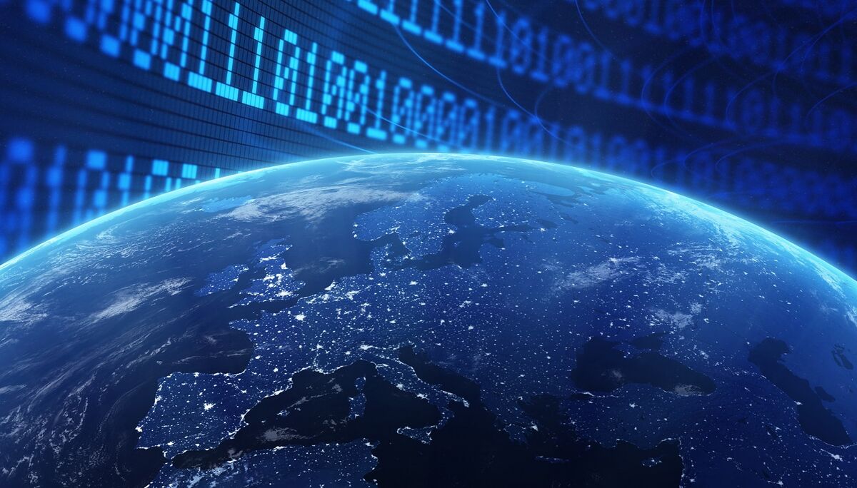 World with a binary code background - internet concept 3d illustration