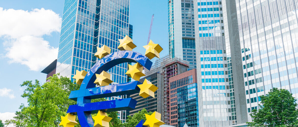 Frankfurt, Germany - June 12, 2019: Euro Sign. European Central Bank (ECB) is the central bank for the euro and administers the monetary policy of the Eurozone in Frankfurt, Germany.