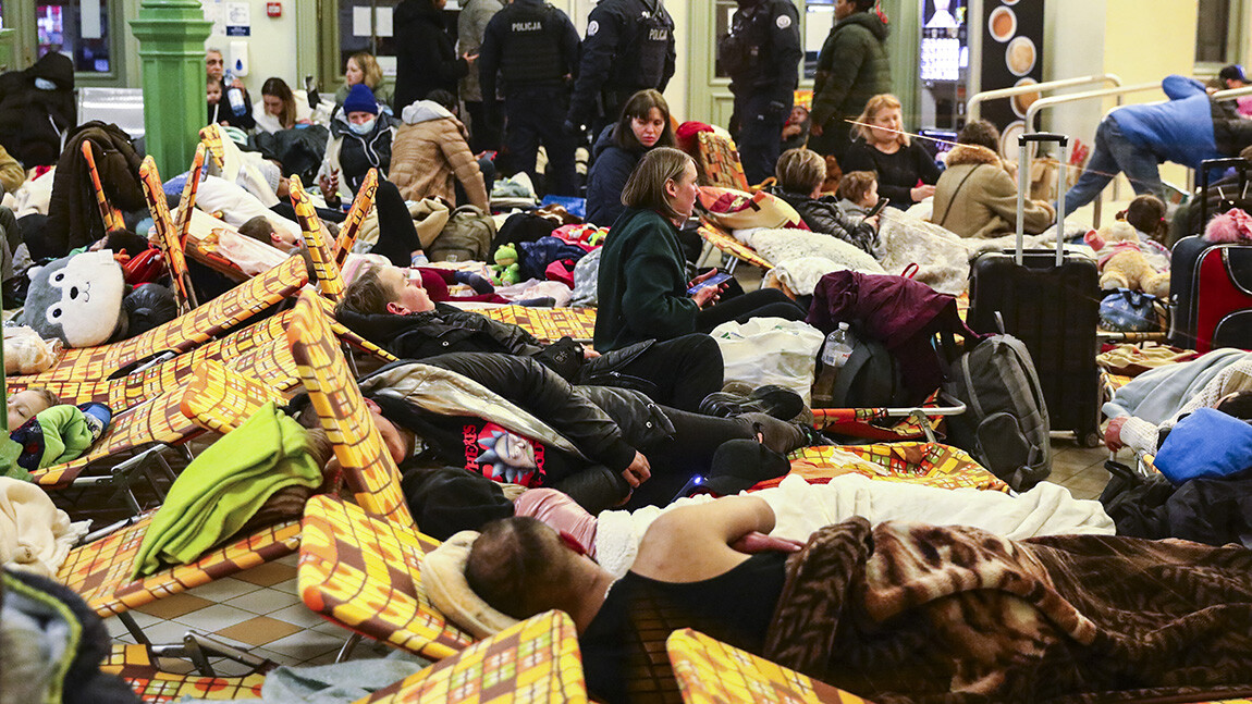 People who arrived on a train from Ukraine are resting at the main railway station while the  Russian invasion on Ukraine continues.Przemysl, Poland on February 28, 2022.  Russian invasion on Ukraine causes a mass exodus of refugees to Poland.   (Photo by Beata Zawrzel/NurPhoto) (Photo by Beata Zawrzel / NurPhoto / NurPhoto via AFP)