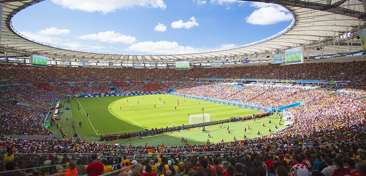 Football fans at World Cup football match at Maracana stadium, Rio de Janeiro, Brazil