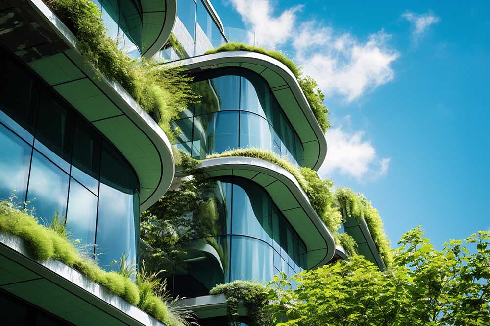 Eco-friendly building in the modern city. Sustainable glass office building with tree for reducing carbon dioxide. Office building with green environment. Corporate building reduce CO2. Generative AI
