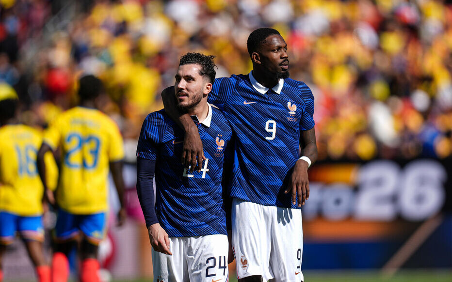 Marcus THURAM of France and Rayan CHERKI of France during friendly match between Colombia and France at Northwest Stadium on March 29, 2026 in Landover, United States. (Photo by Daniel Derajinski/Icon Sport)