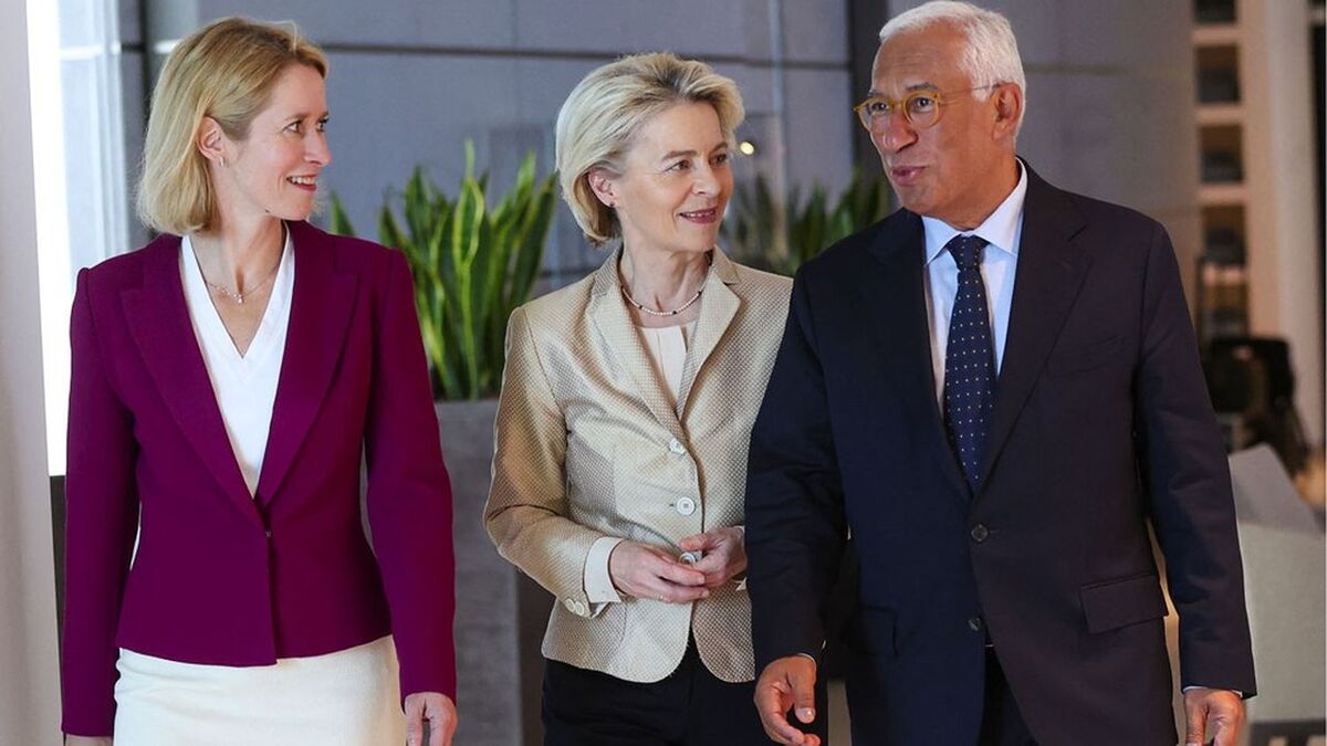 (L-R) Estonian Prime Minister Kaja Kallas, European Commission President Ursula Von der Leyen and former Portuguese Prime Minister Antonio Costa meet at Brussels Airport, a day after the EU summit in Brussels, on June 28, 2024. EU leaders agreed on proposing Ursula Von der Leyen as a candidate for President of the European Commission and Kaja Kallas as High Representative of the Union for Foreign Affairs and Security Policy, while Antonio Costa was elected as European Council President during a summit to discuss the Strategic Agenda 2024-2029, the next institutional cycle, Ukraine, the Middle East, competitiveness, security, and defense, among other topics. (Photo by Olivier HOSLET / POOL / AFP)