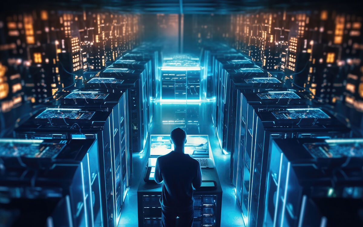 Top View of IT Engineer Working with Laptop in Data Center Full of Active Rack Servers. Generative Ai