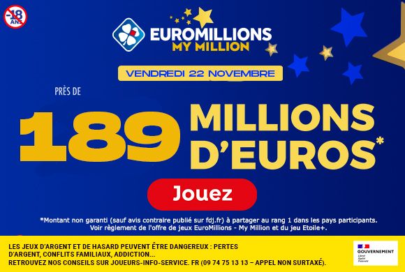 Euromillions : 189 millions d'euros en jeu ce vendredi et 100 cagnottes d'un million à gagner